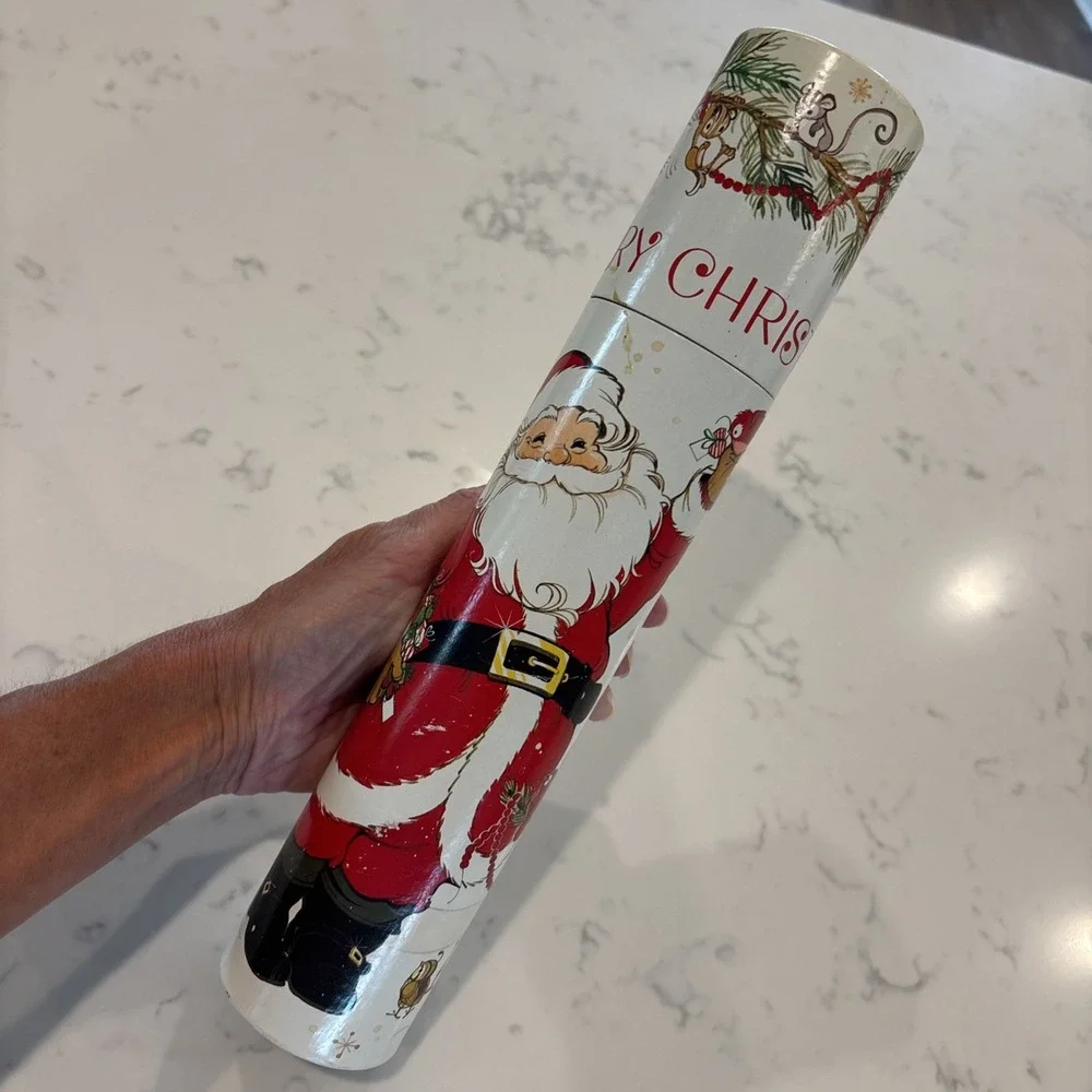VTG Match Holder Cardboard Tube With Merry Christmas Santa & Forest Animals 12